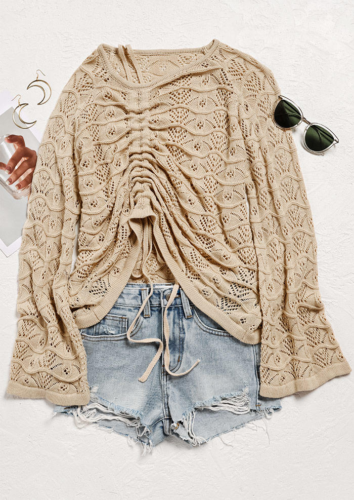 

Blouses Drawstring Hollow Out Long Sleeve Blouse in Apricot. Size