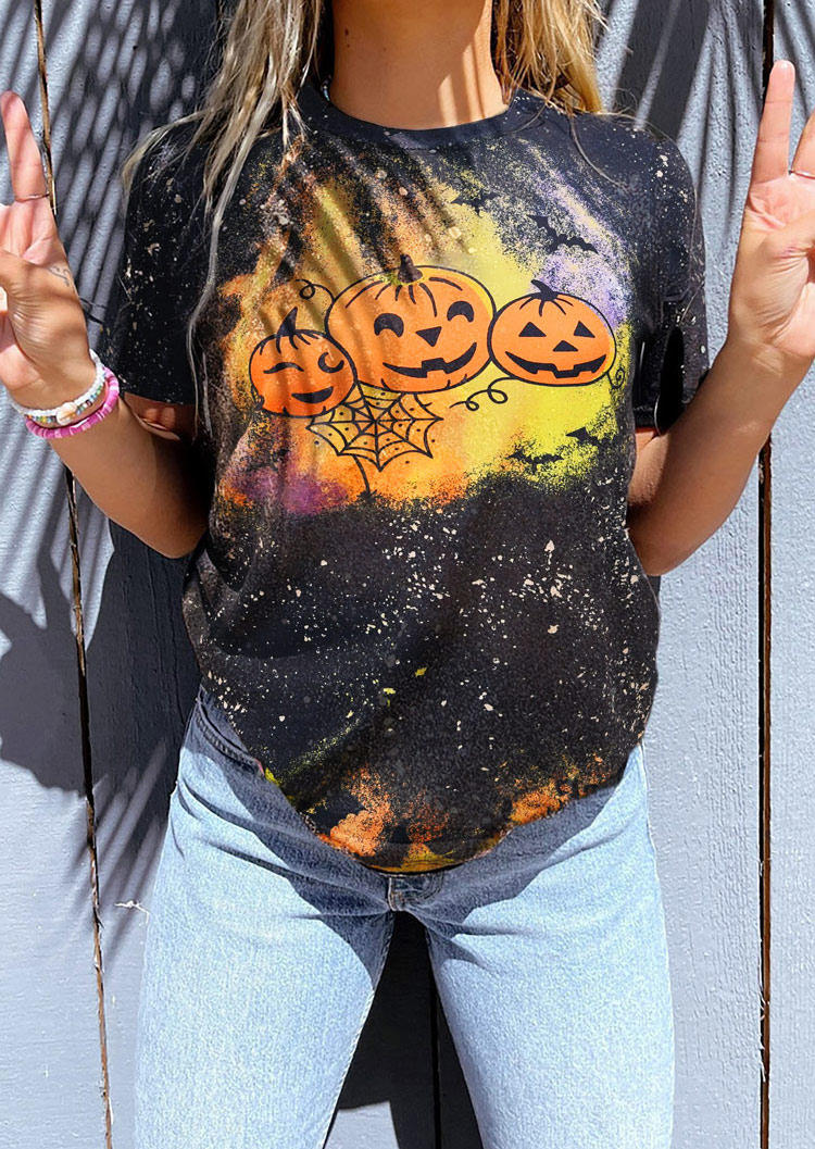 Halloween Pumpkin Face Bat Bleached T-Shirt Tee
