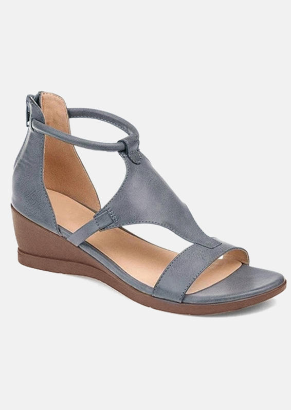 Vintage PU Zipper Wedge Sandals - Gray