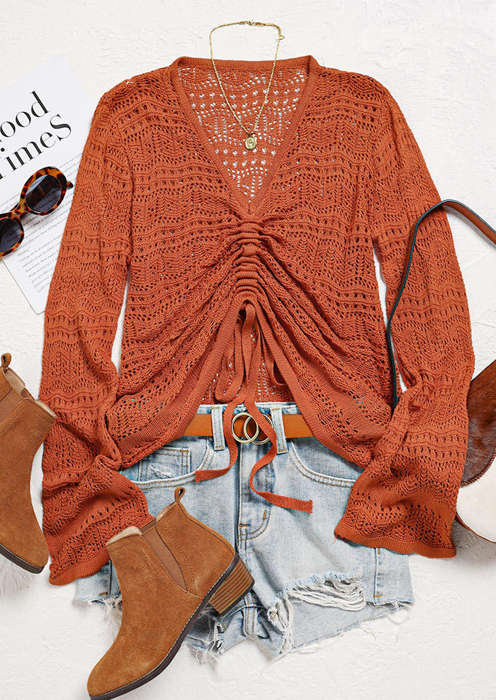 Sweaters Crochet Drawstring Flared Long Sleeve Sweater in Orange. Size: M,S,XL