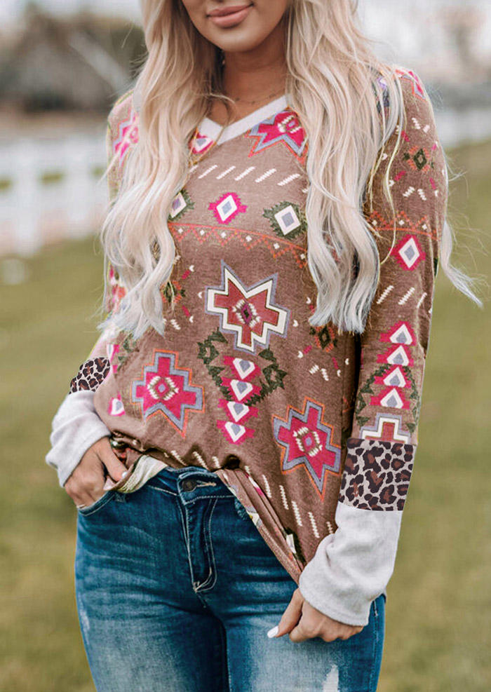 

Blouses Aztec Geometric Leopard V-Neck Blouse in Multicolor. Size
