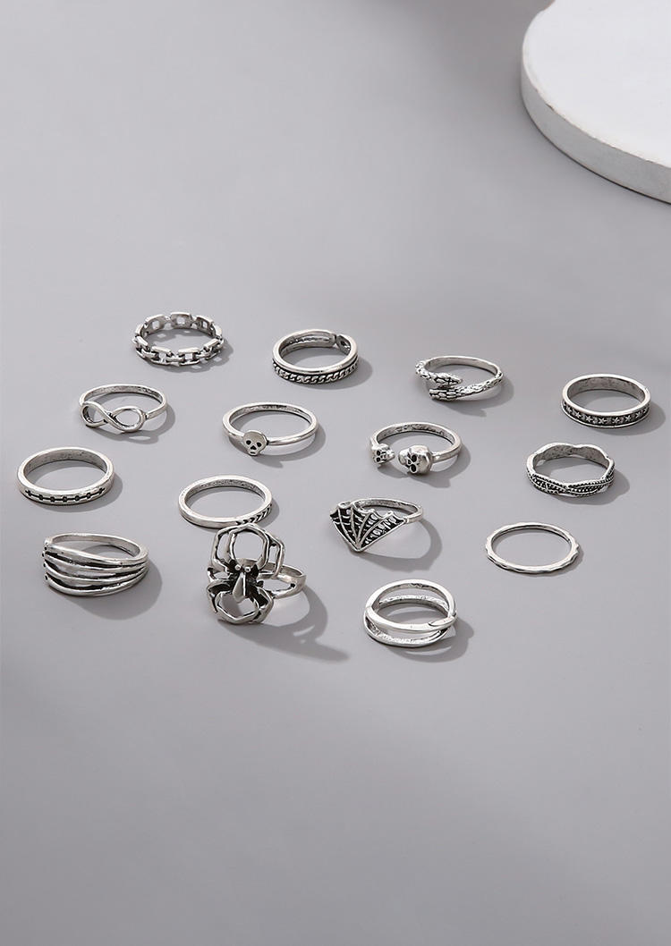Rings 15Pcs Halloween Skull Spider Snake Alloy Ring Set in Silver. Size: One Size