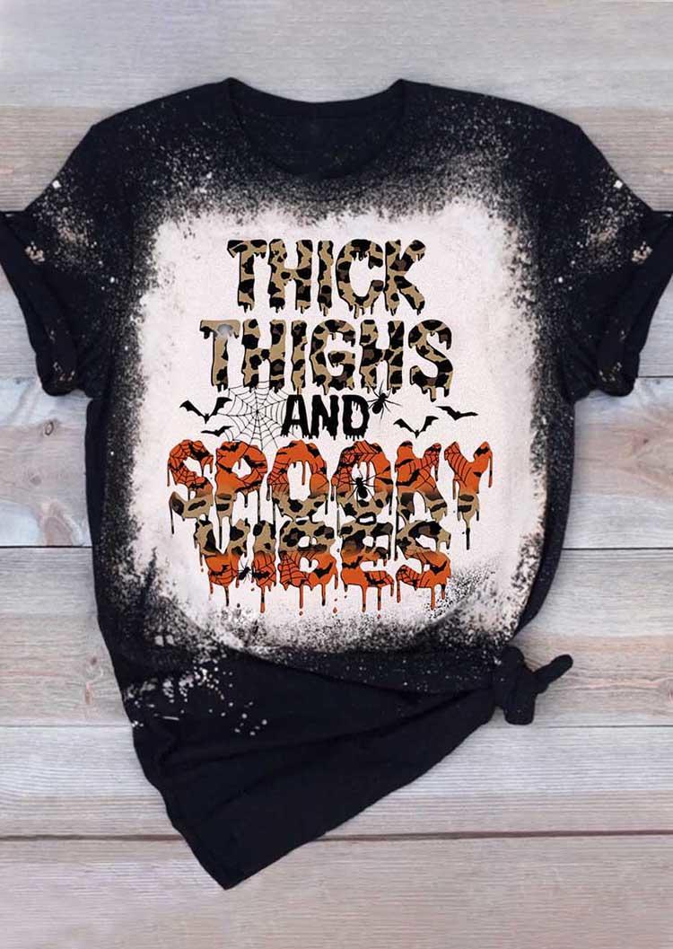 T-shirts Tees Halloween Thick Thighs And Spooky Vibes Bleached T-Shirt Tee in Black. Size: L,M,S,XL