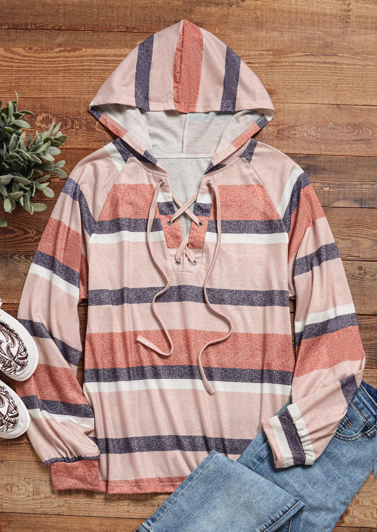 

Hoodies Striped Lace Up Long Sleeve Hoodie in Multicolor. Size