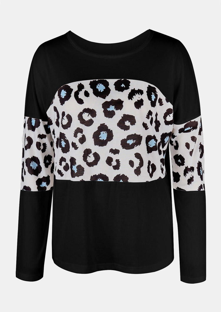 

Blouses Leopard Color Block Long Sleeve Blouse in Black. Size