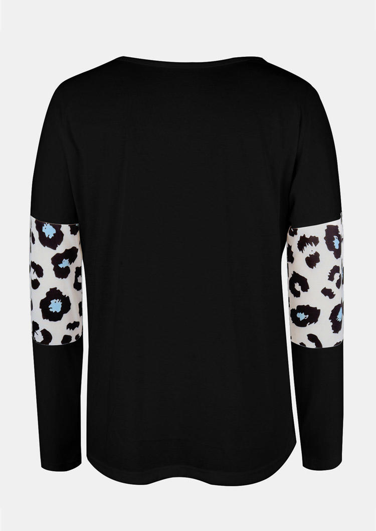 Leopard Color Block Long Sleeve Blouse - Black