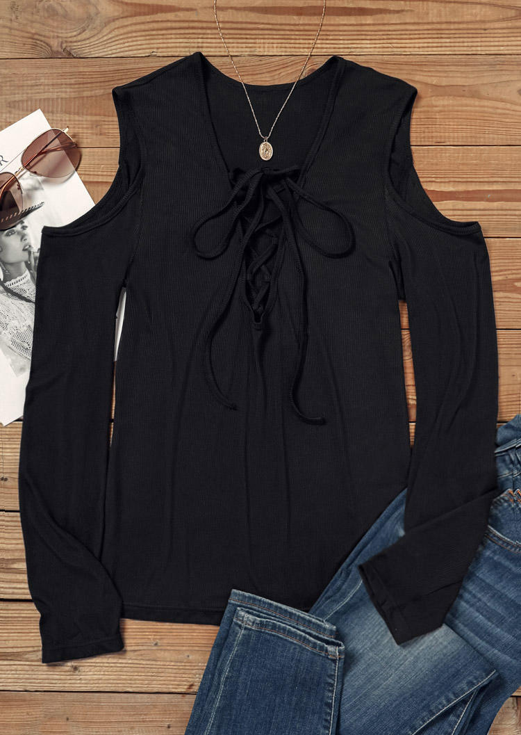 

Blouses Lace Up Cold Shoulder Blouse in Black. Size