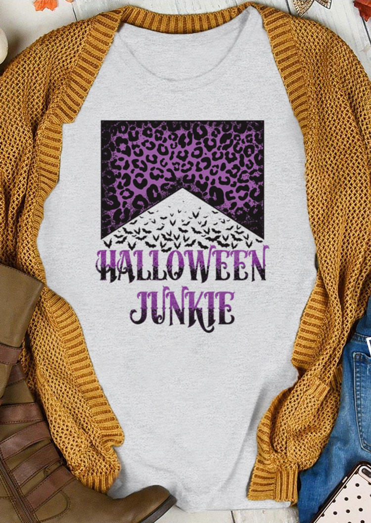 Halloween Junkie Leopard O-Neck T-Shirt Tee - Light Grey