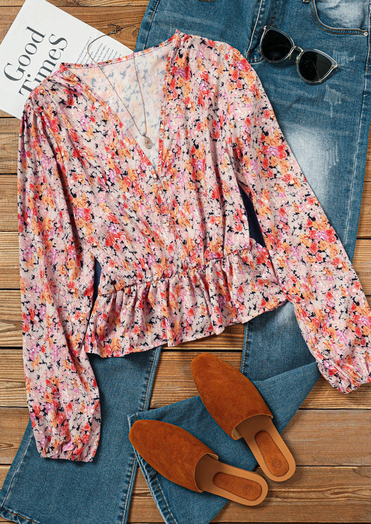 

Blouses Floral Ruffled Long Sleeve V-Neck Blouse in Multicolor. Size