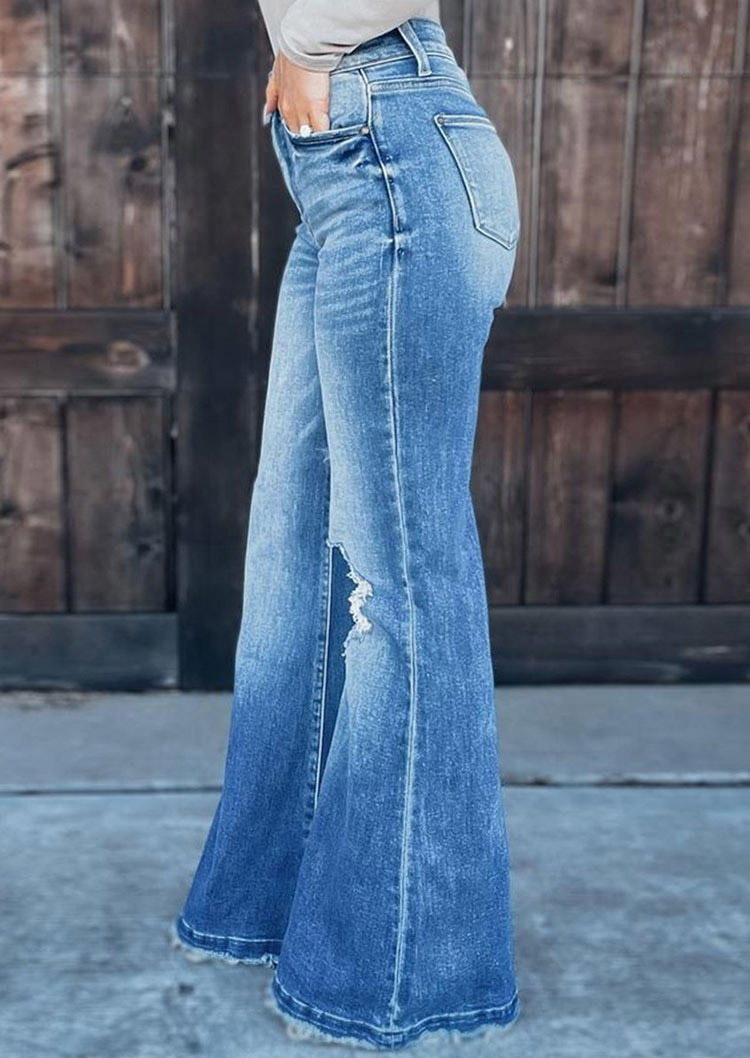 

Pants Pocket Button Ripped Hole Denim Flare Pants in Blue. Size