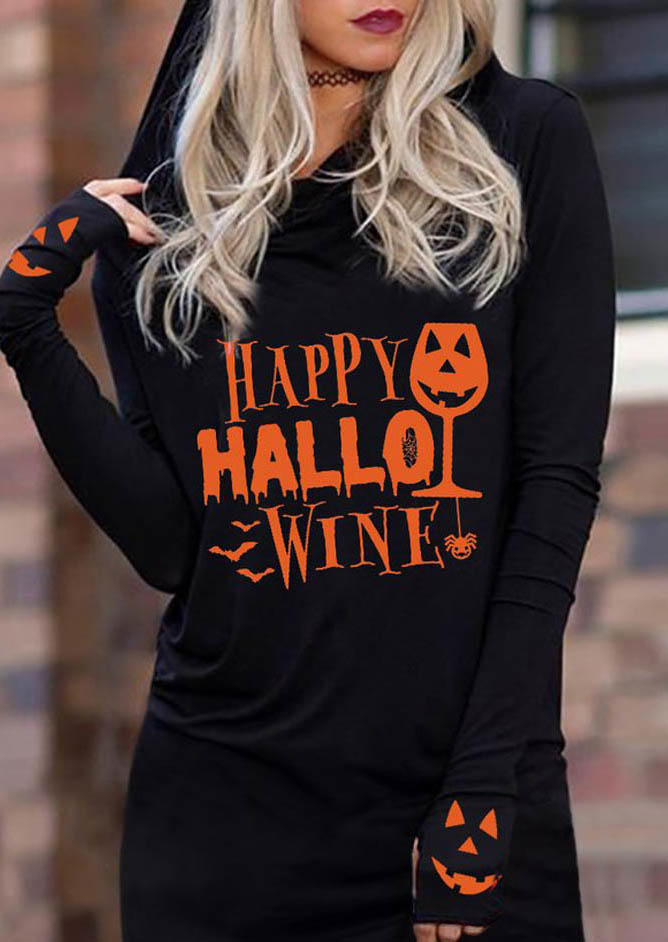 Mini Dresses Halloween Happy Hallo Wine Hooded Mini Dress in Black. Size: M,XL
