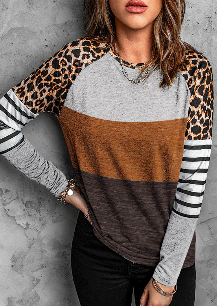 Blouses Leopard Striped Color Block Long Sleeve Blouse in Multicolor. Size: S
