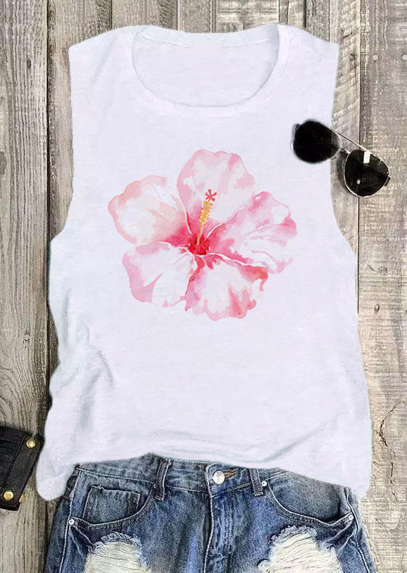 

Tank Tops Cherry Blossoms O-Neck Casual Tank Top in White. Size