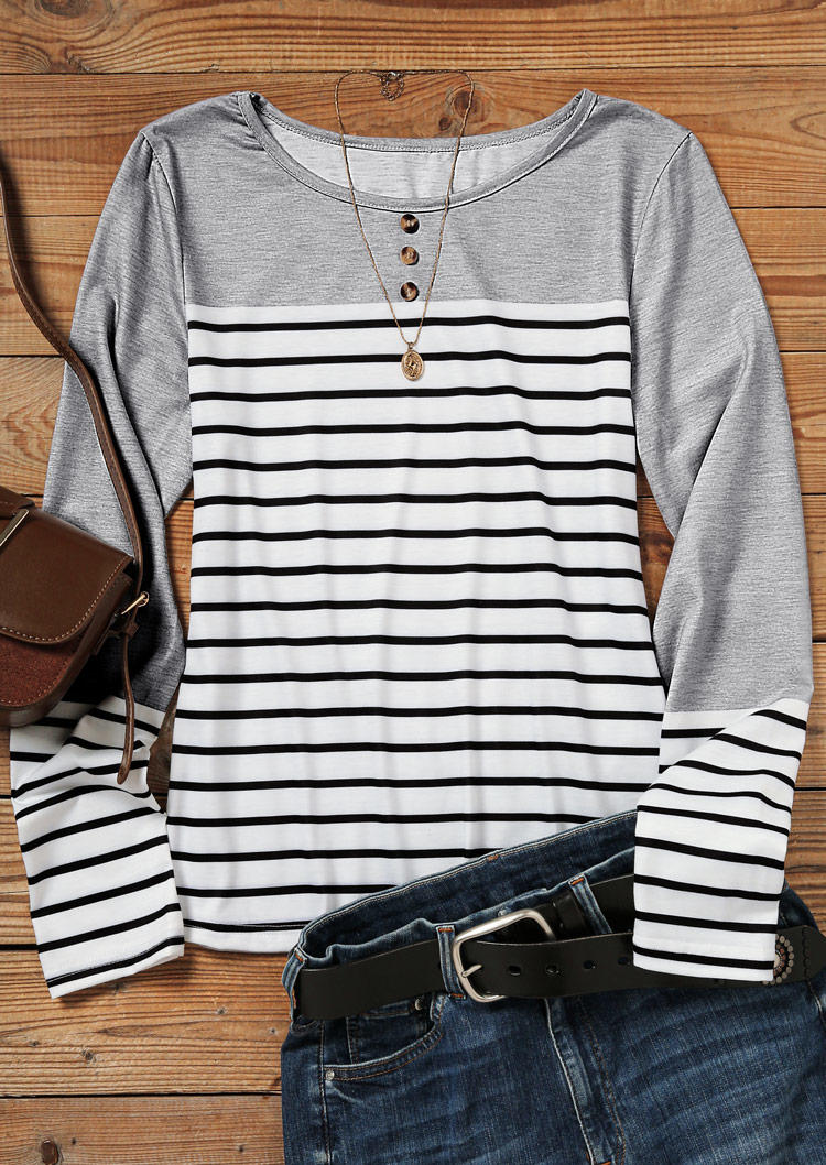 

Blouses Striped Splicing Button Long Sleeve Blouse in Gray. Size