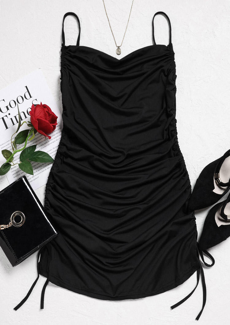 Mini Dresses Ruched Drawstring Tie Spaghetti Strap Mini Dress in Black. Size