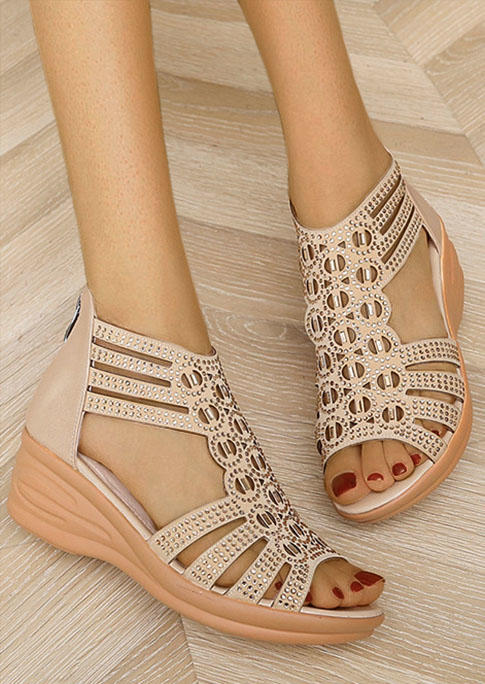 Sandals Hollow Out Zipper Wedge Sandals in Apricot. Size: 36,37,38