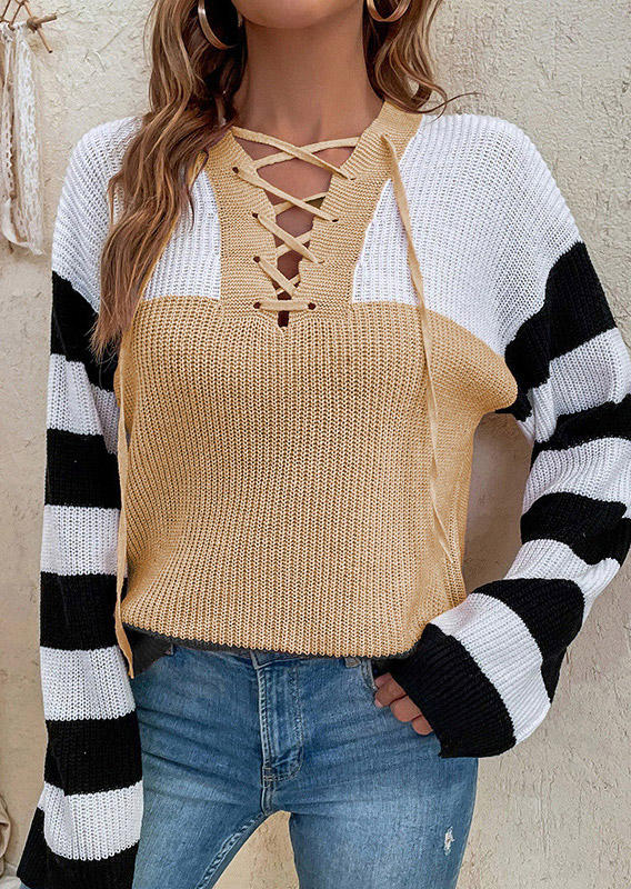 

Sweaters Color Block Lace Up Casual Knitted Sweater in Multicolor. Size: ,XL