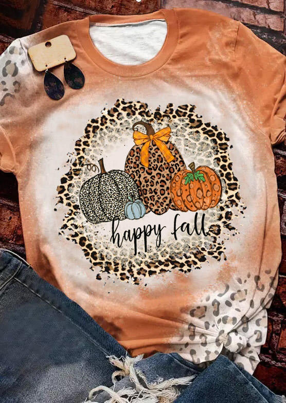 T-shirts Tees Happy Fall Leopard Pumpkin Bleached T-Shirt Tee in Orange. Size: L,M,S