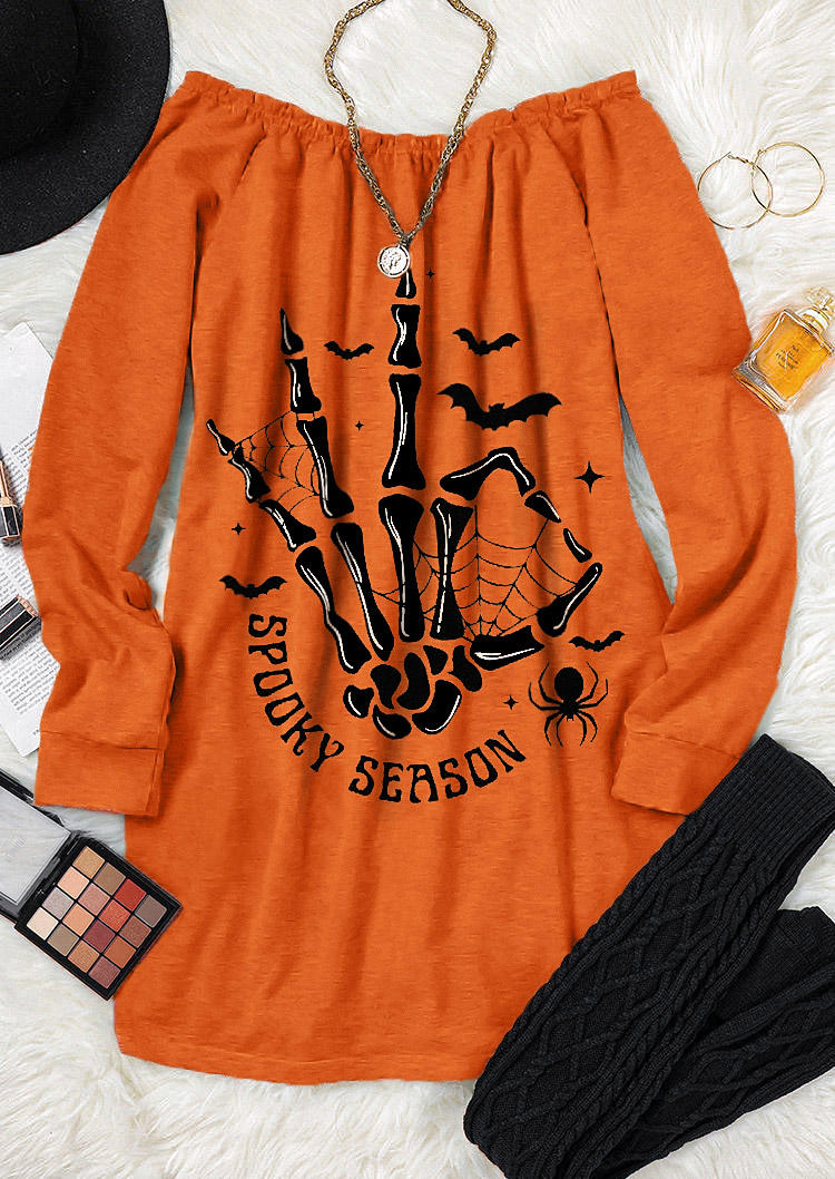 Mini Dresses Halloween Spooky Season Skeleton Off Shoulder Mini Dress in Orange. Size: 2XL,3XL,M,S,XL