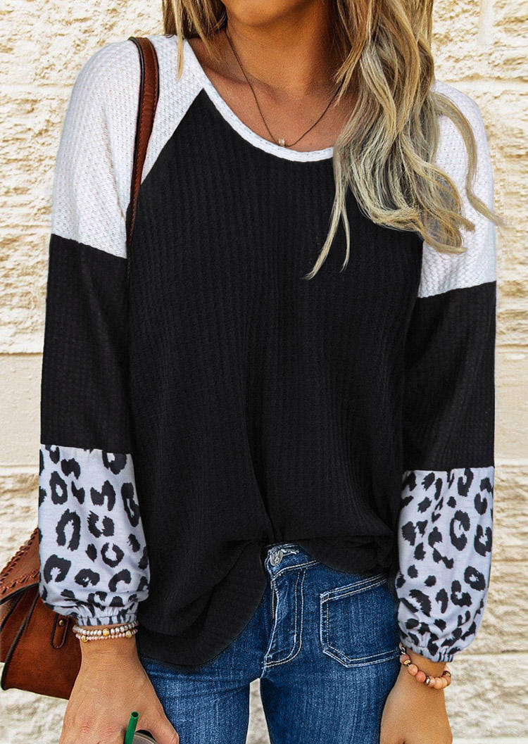 Leopard Long Sleeve Twist O-Neck Blouse - Black