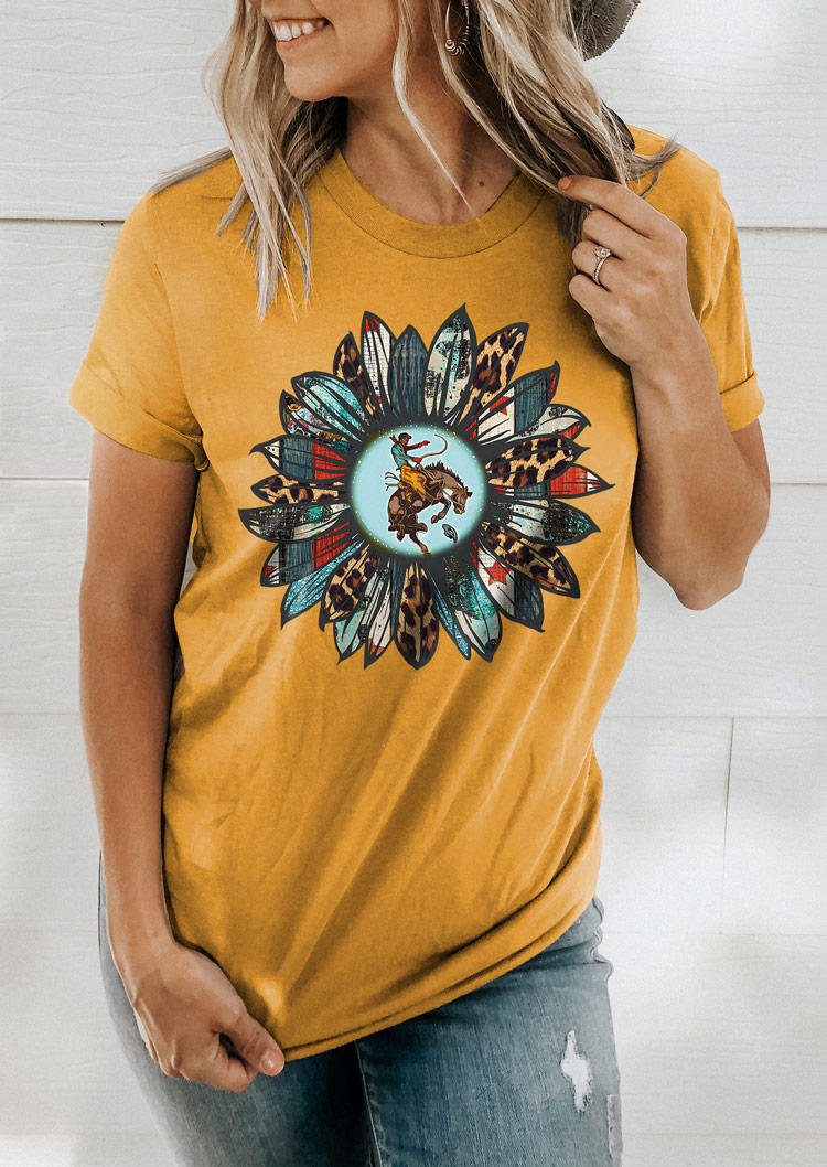 Rodeo Cowboy Leopard Sunflower T-Shirt Tee - Yellow