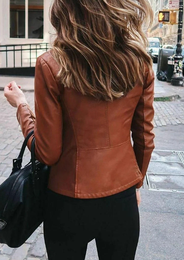 Zipper Button PU Leather Jacket - Brown