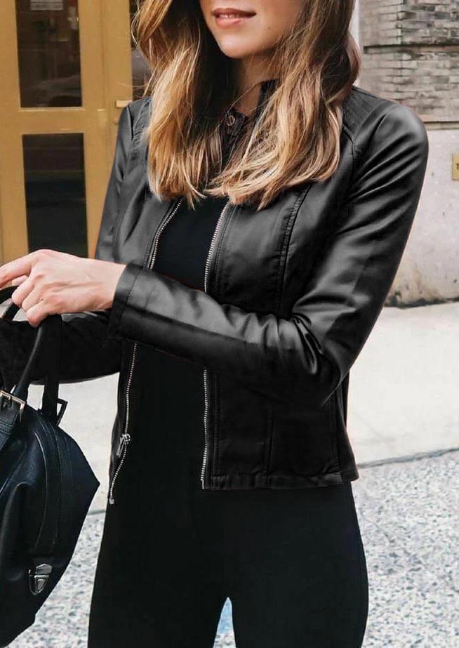 

Jackets Button Zipper PU Leather Jacket in Black. Size