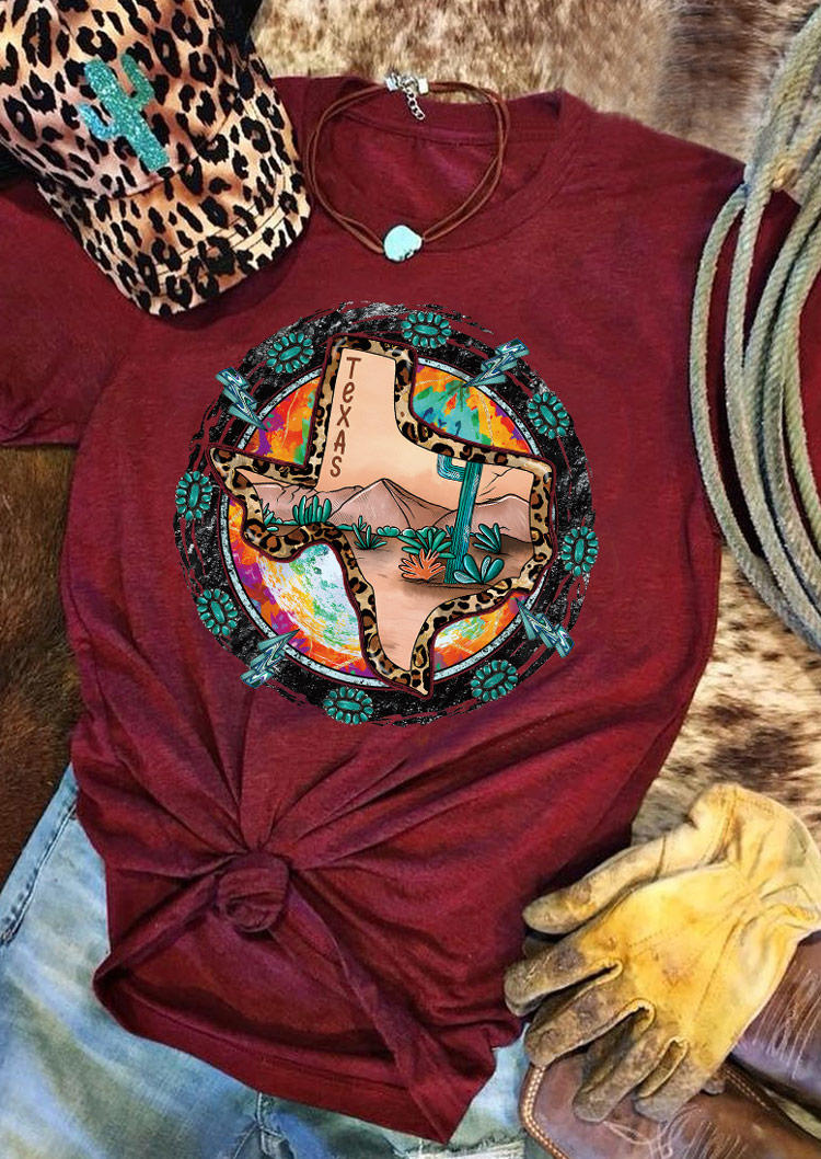 T-shirts Tees Desert Texas Cactus Turquoise Leopard T-Shirt Tee - Burgundy in Red. Size: L,M,S,XL