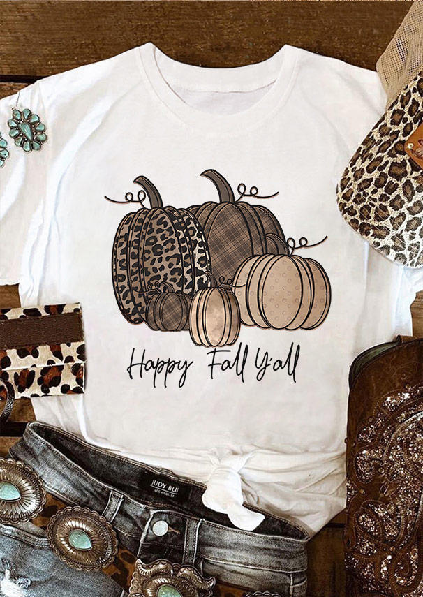 

T-shirts Tees Happy Fall Y'all Leopard Pumpkin T-Shirt Tee in White. Size
