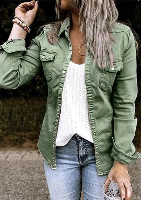 Jackets Snap Button Pocket Ruffled Long Sleeve Jacket - Army Green in Green. Size: M