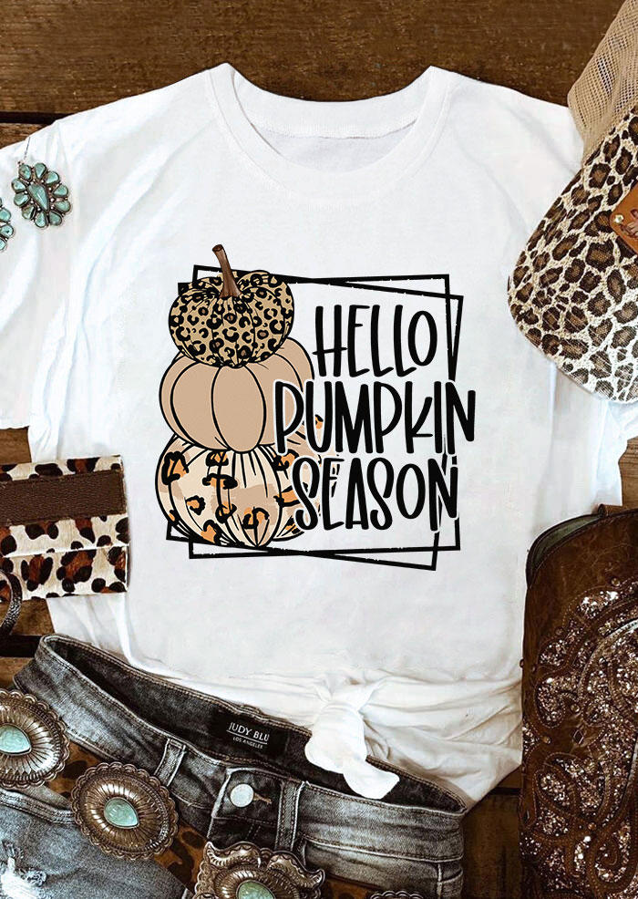 

T-shirts Tees Hello Pumpkin Season Leopard O-Neck T-Shirt Tee in White. Size