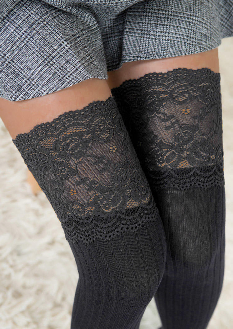 

Knee-High Socks Mesh Lace Thigh-High Crimping Socks in Black. Size