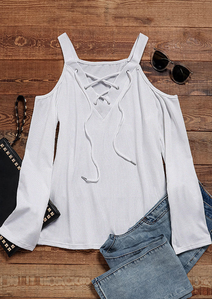 Blouses Lace Up Cold Shoulder Casual Blouse in White. Size: L,M,S,XL