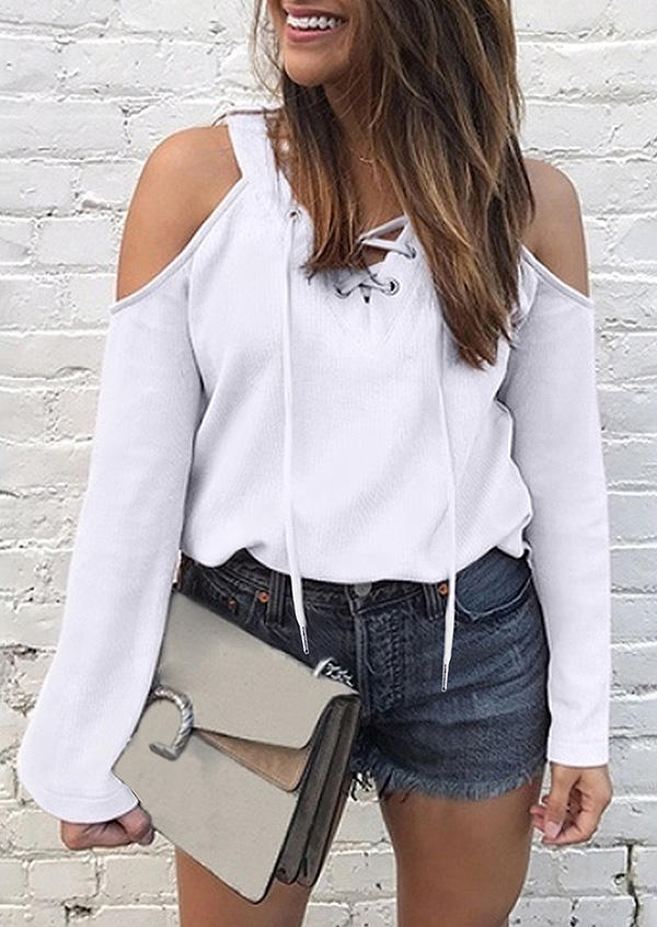 Lace Up Cold Shoulder Casual Blouse - White