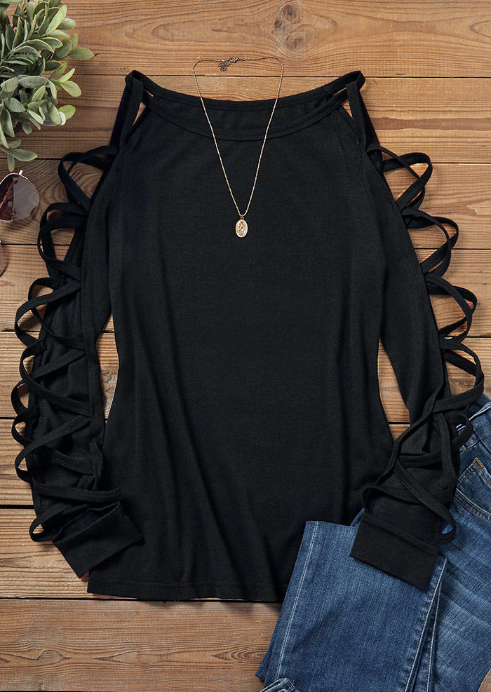 Blouses Criss-Cross Long Sleeve O-Neck Blouse in Black. Size: 3XL