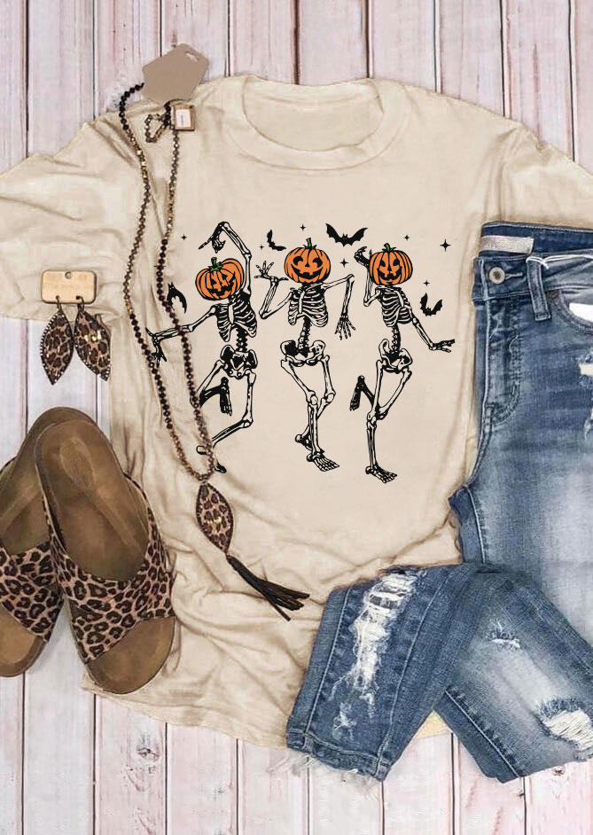 T-shirts Tees Halloween Pumpkin Face Skeleton Bat T-Shirt Tee in Apricot. Size: XL