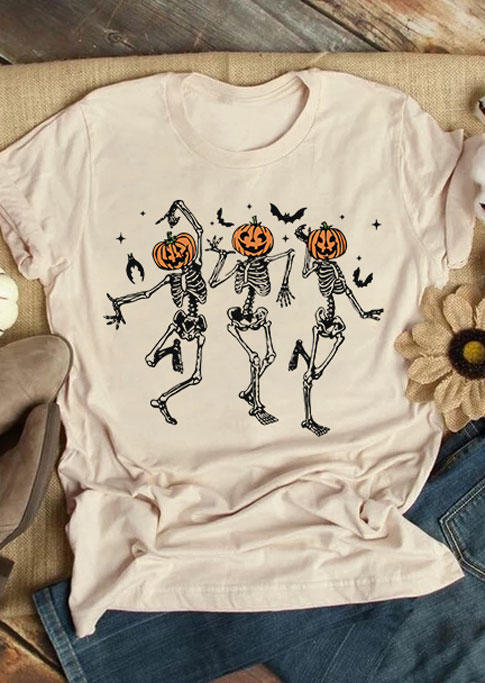 Halloween Pumpkin Face Skeleton Bat T-Shirt Tee - Apricot