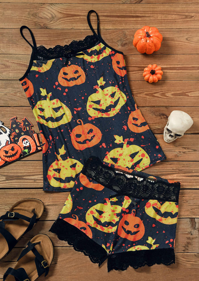 Sleepwear Halloween Pumpkin Face Lace Camisole And Shorts Pajamas Set in Multicolor. Size: L,M,S,XL