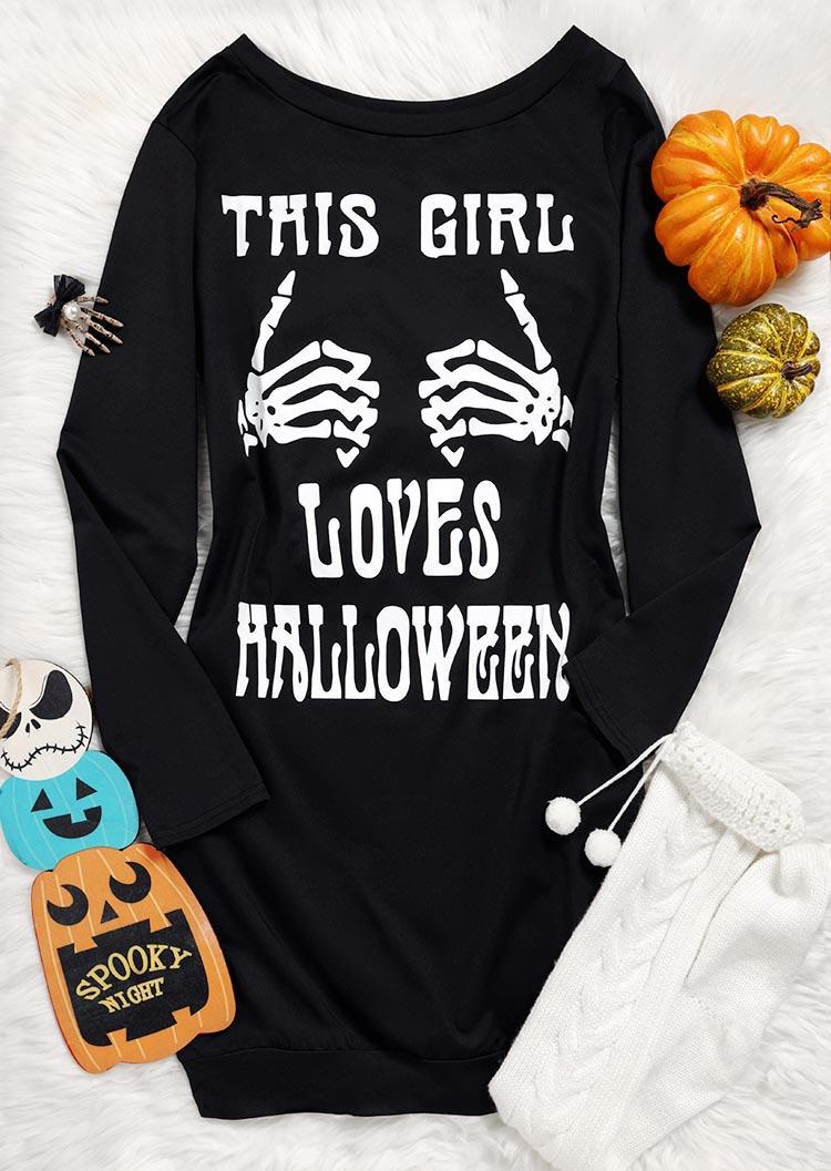 Mini Dresses This Girl Loves Halloween Skeleton Hand Sweatshirt Mini Dress in Black. Size: L,M,S,XL