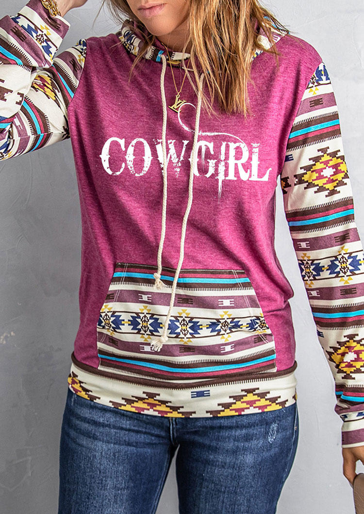 

Hoodies Cowgirl Aztec Geometric Kangaroo Pocket Hoodie in Multicolor. Size