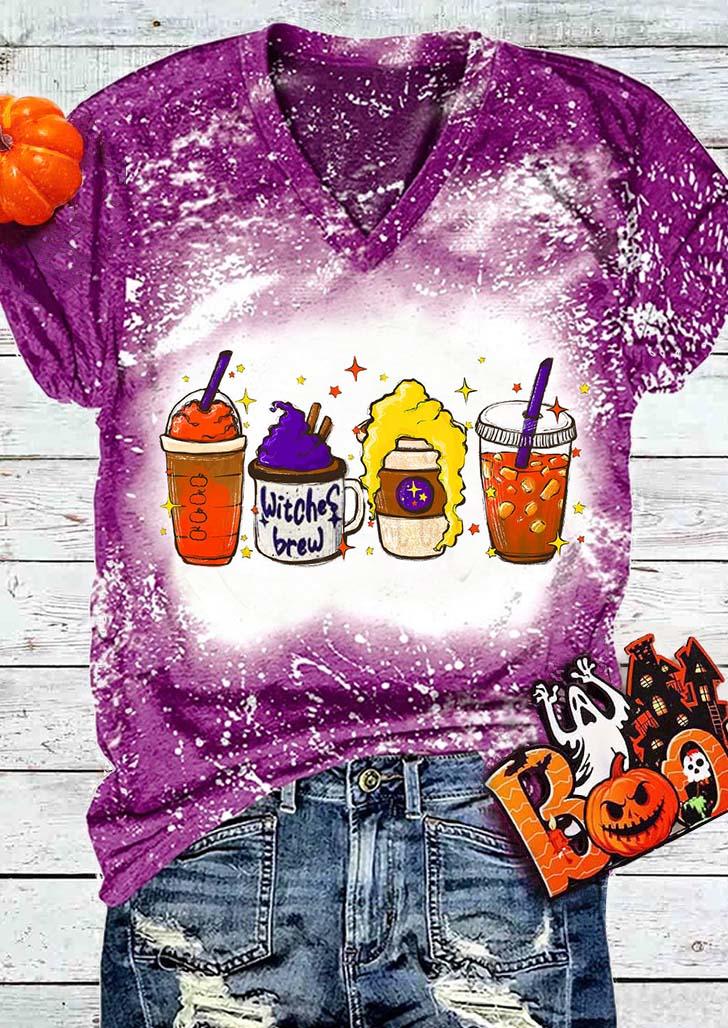 T-shirts Tees Witches Brew Bleached V-Neck T-Shirt Tee in Purple. Size: L,M,XL