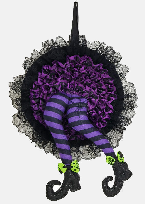 

Halloween Witch Striped Legs Door Decor Wreath Ornament in Purple. Size