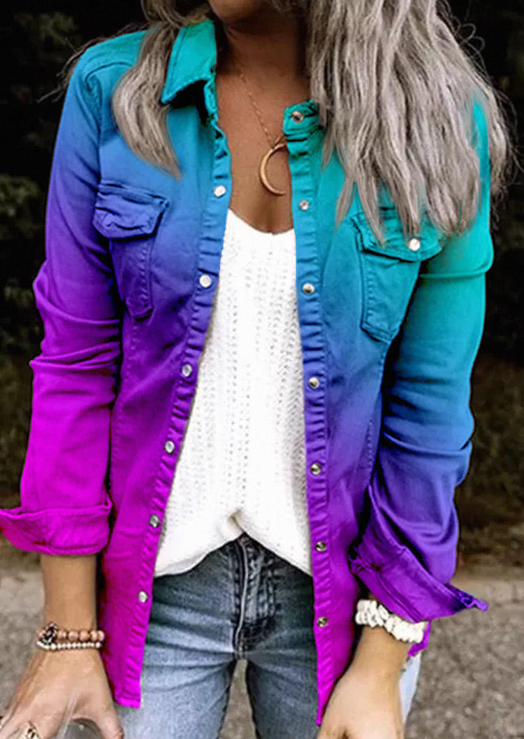 Gradient Snap Button Pocket Ruffled Long Sleeve Jacket