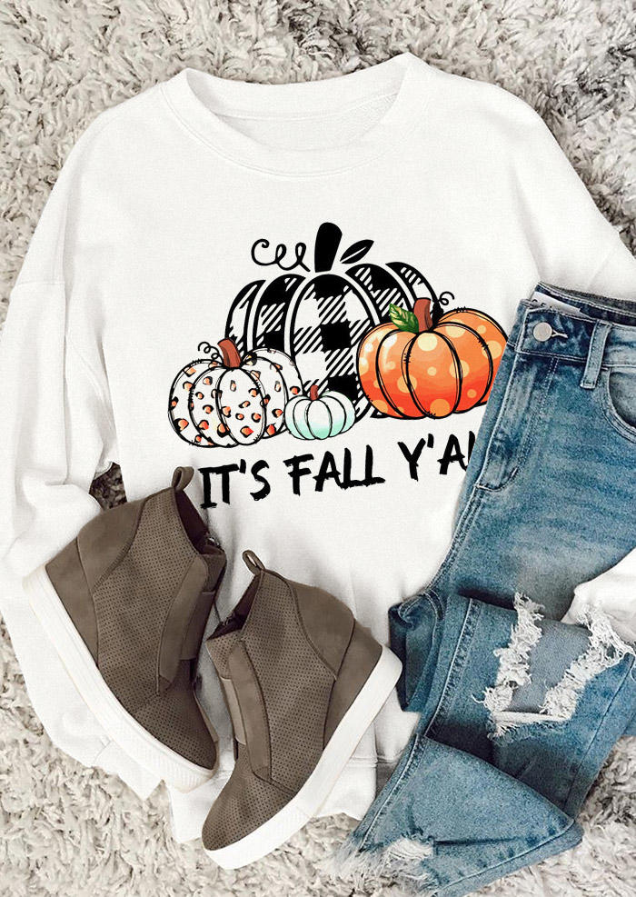 Sweatshirts It's Fall Y'all Plaid Pumpkin Sweatshirt in White. Size: L,M,S,XL