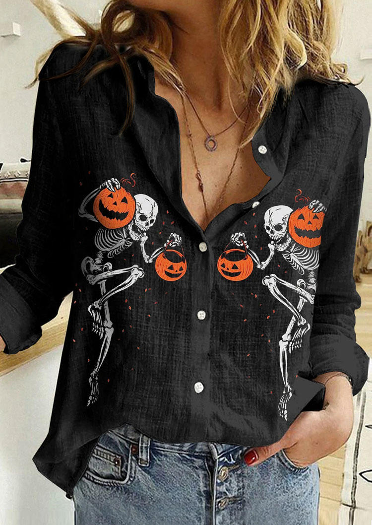 Halloween Pumpkin Face Skeleton  Button Shirt - Black