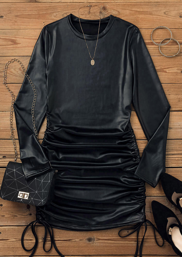 Bodycon Dresses Drawstring Long Sleeve O-Neck Bodycon Dress in Black. Size: L,M,S