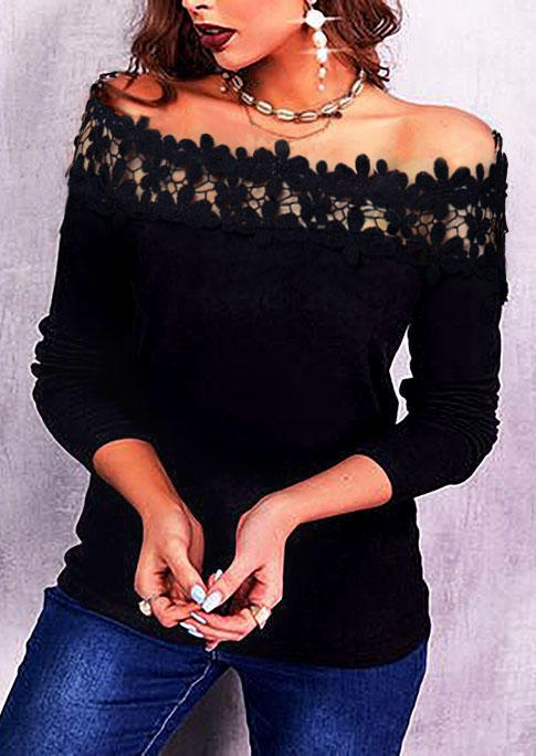 Blouses Lace Splicing Off Shoulder Long Sleeve Blouse in Black. Size: S