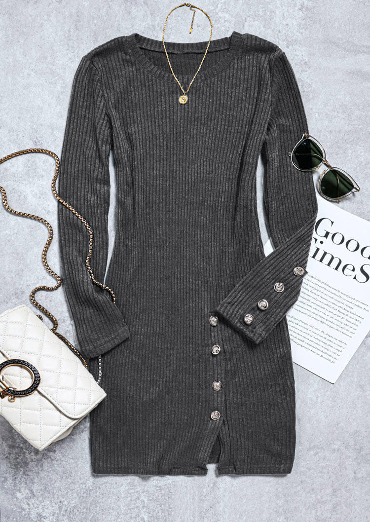 Button Long Sleeve O-Neck Bodycon Dress - Gray