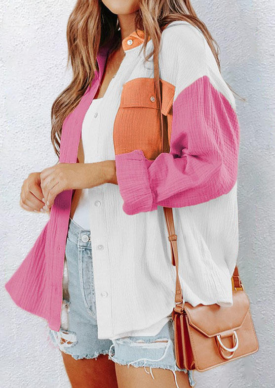 

Shirts Color Block Pocket Long Sleeve Shirt in Multicolor. Size