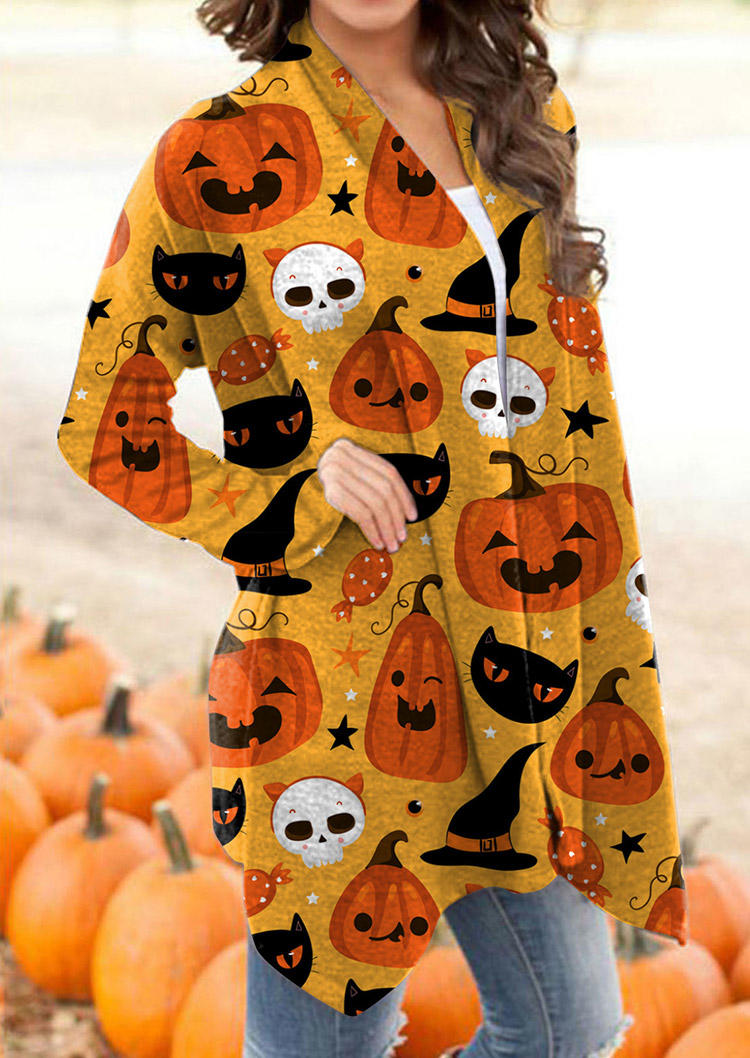Cardigans Halloween Skull Pumpkin Face Witch Hat Long Sleeve Cardigan in Multicolor. Size: L,S,XL